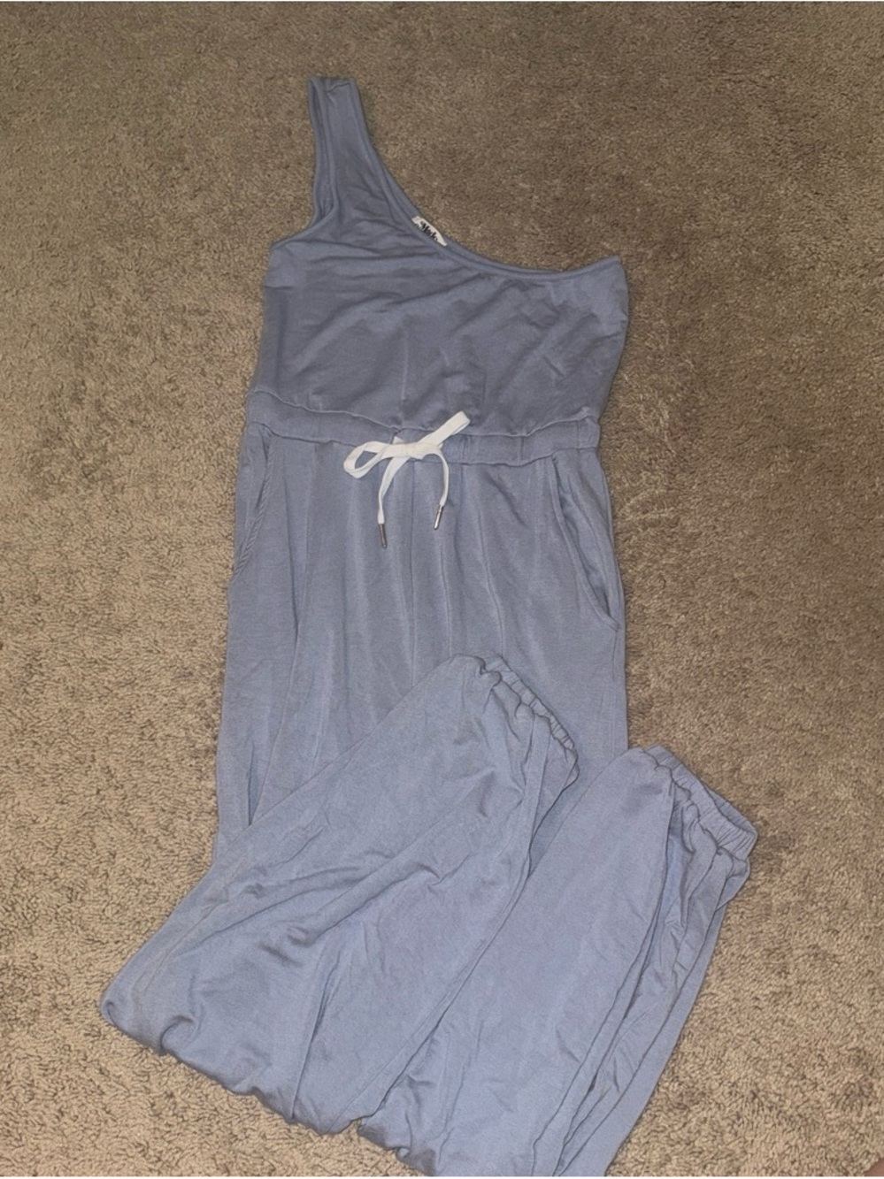 One-Shoulder Light Blue Drawstring Jumpsuit